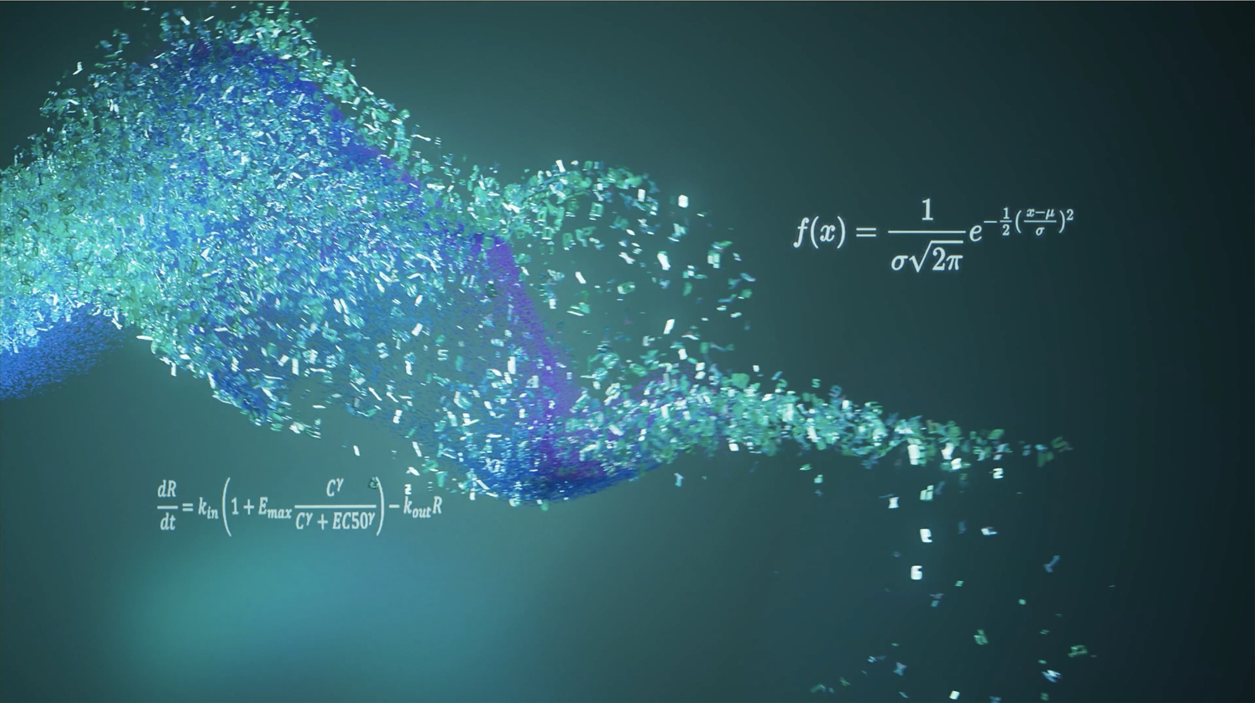 3d animation of Biological data in green and blue floating through the air surrounded by mathmatical formulas.jpg